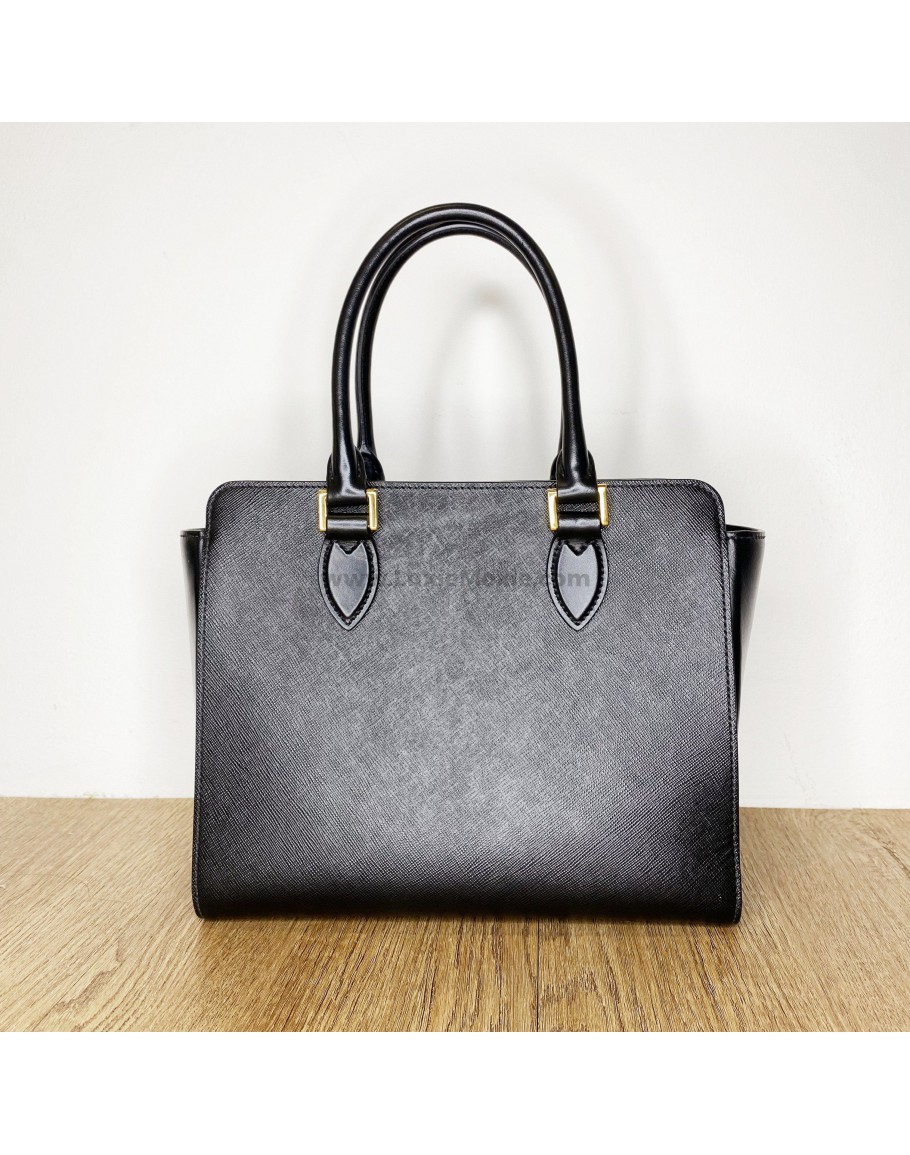 PRADA 1BA113 Black Saffiano + Soft Calfskin Tote Bag with
